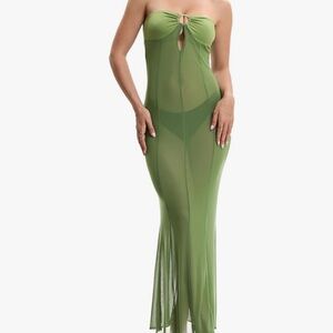 Long sheer green strapless dress  duster Hollywood lingerie silhouette cover up